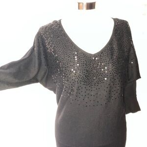 NWT ELLE THIN BLACK SEQUINS V-NECK SWEATER Sz XS